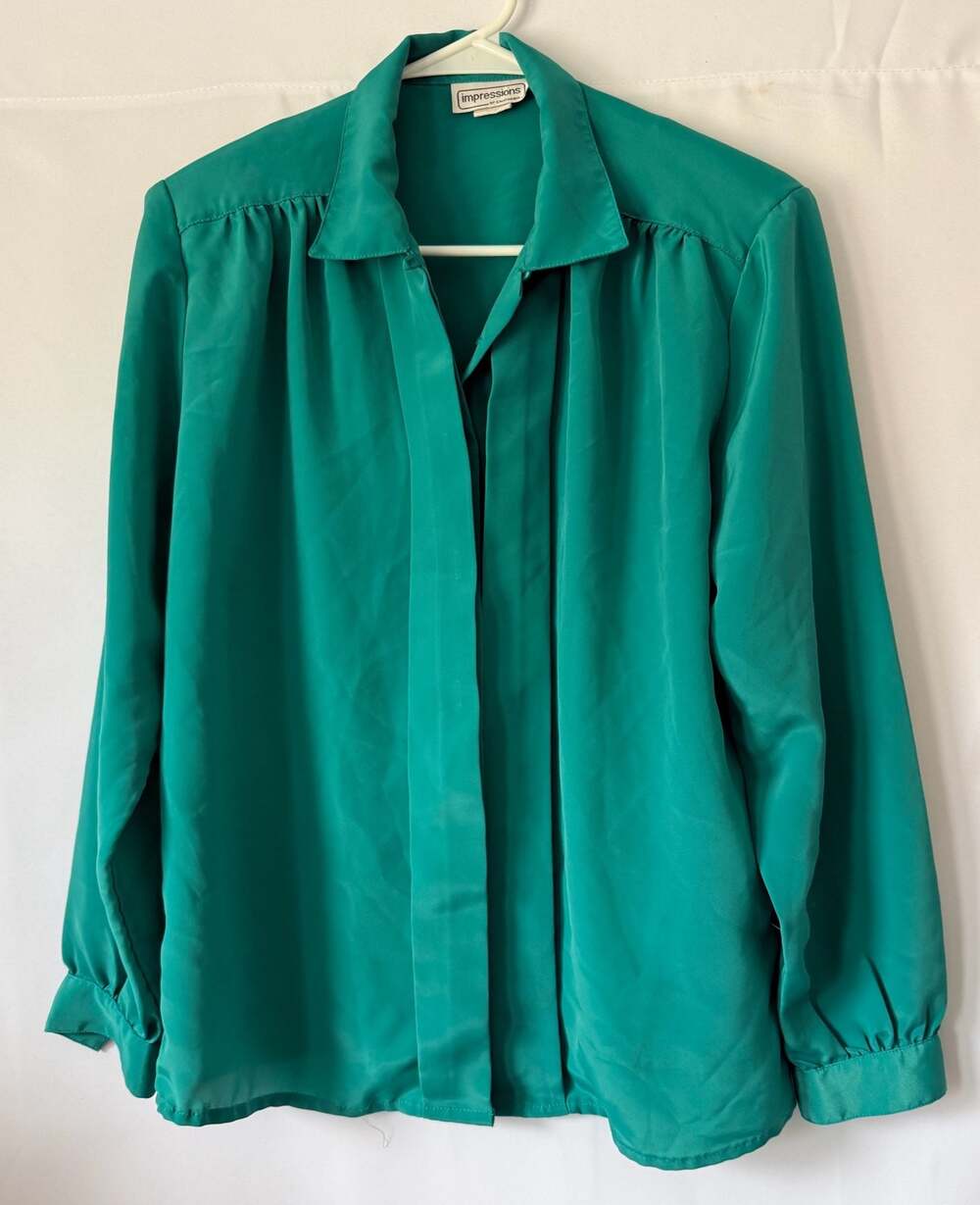 Vintage Impressions of California Teal Green Polyester Long Sleeve Blouse Sz 12